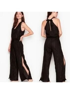 La Blanca Black Metallic Gold Pinstripe Coverup Jumpsuit